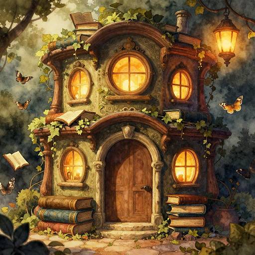 Whimsical, fairy-tale cottage with glowing windows, vines, books, and lanterns, surrounded by butterflies, under a moonlit, forest