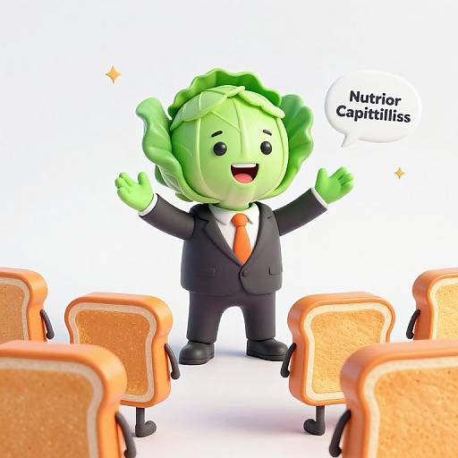 Chibi-style CGI cartoon of a green-headed vegetable character in a black suit, orange tie, and white shirt, standing in front of orange chairs,