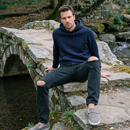 Photograph of a bearded man with short brown hair, wearing a black hoodie, ripped black jeans, and gray sneakers, sitting on mossy stone