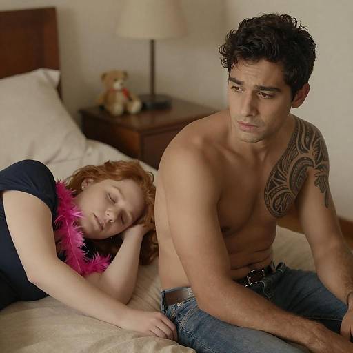 Concerned Man Beside Sleeping Woman