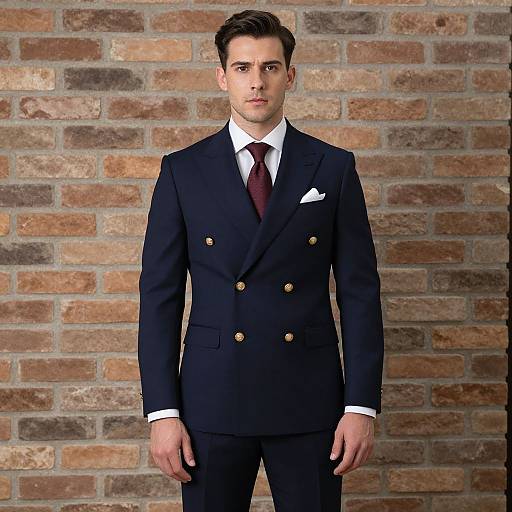 Photograph of a handsome, dark-haired man in a black double-breasted suit with gold buttons, white shirt, and maroon tie, standing against