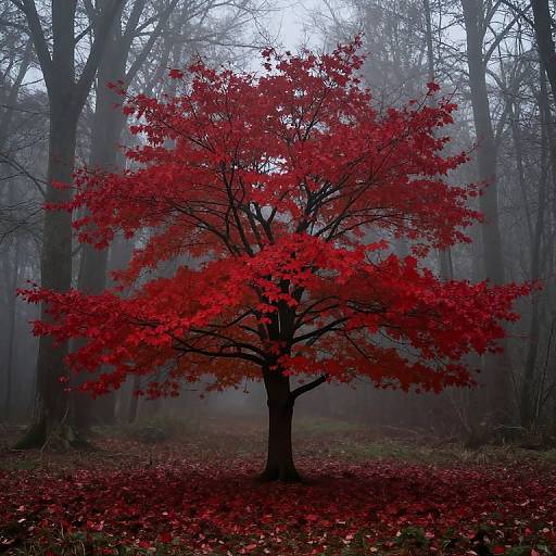 Crimson Tree in Misty Forest