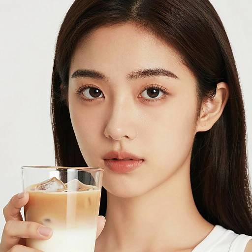 Photograph of an Asian woman with long black hair, holding a glass of iced coffee, looking directly at the camera.