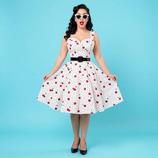 Photograph of a curvy woman with fair skin, black wavy hair, red lipstick, white polka dot dress with cherry prints, black belt