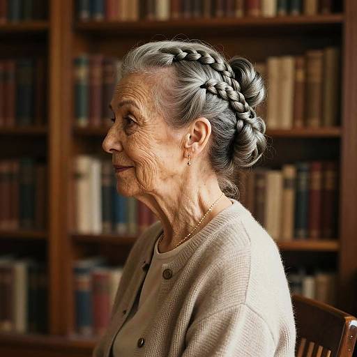 Photograph of an elderly woman with gray hair in a braided bun, wearing a beige sweater, seated in a library with wooden bookshelves in