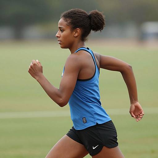 Photograph of a young Black woman with dark skin and curly hair in a bun, running on a grassy field in a blue sleeveless top and