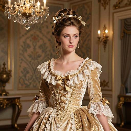 Photograph of a fair-skinned woman with elegant updo, wearing a golden, lace-trimmed Victorian dress in an ornate, chandelier