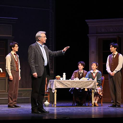 Photograph of a stage play: Older man in black suit and glasses gestures to four young actors in Victorian attire, seated at a table with a white