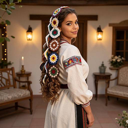 Photograph of a smiling woman with long curly brown hair, wearing a white embroidered dress and colorful floral headpiece, standing in a warmly lit, rustic