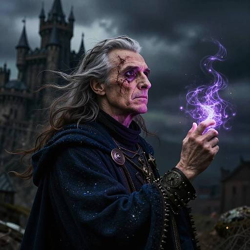 Photorealistic digital art of an aged wizard with long gray hair, dark cloak, holding glowing purple magic, against a stormy sky with a go