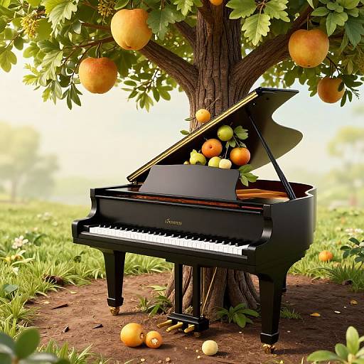 Photorealistic image of a black Yamaha grand piano under an orange tree, with apples inside and around it, set in a grassy orchard.