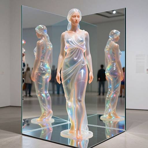 Photograph of a glass-like, iridescent female mannequin in a reflective, white, flowing dress, standing in a gallery display.