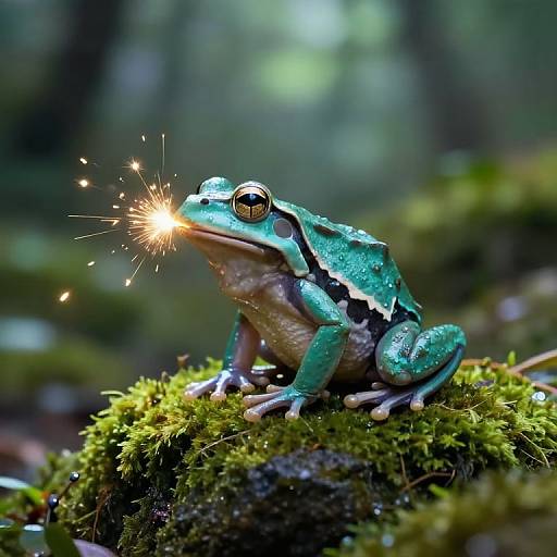 Teal Frog Emitting Golden Sparks