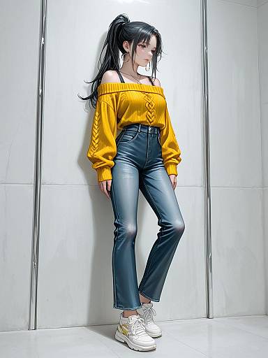 Photograph of a young Asian woman with long black hair in a ponytail, wearing an off-shoulder yellow sweater, high-waisted blue