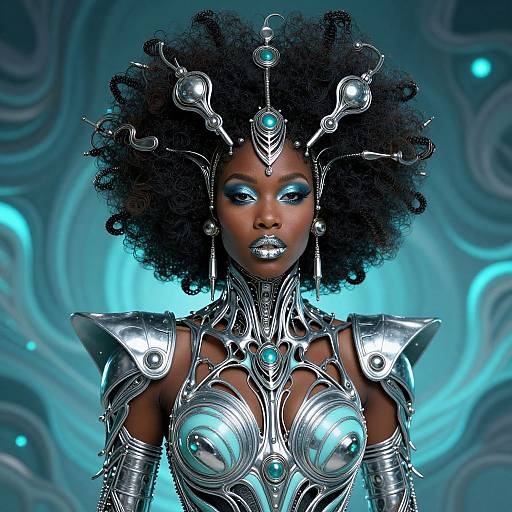 Digital art of a dark-skinned, afro-haired woman with glowing blue eyes, wearing futuristic silver armor with turquoise accents, set against a swirling blue