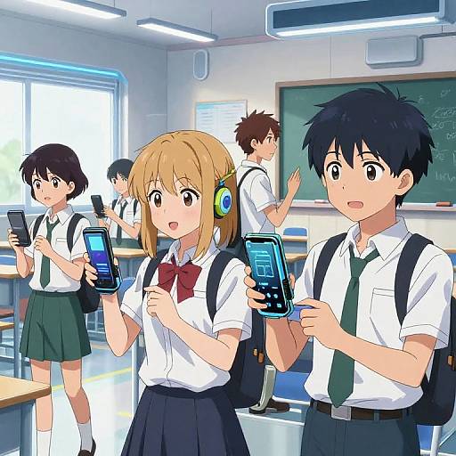 Anime-style digital drawing of a school classroom: five students with white shirts, green ties, and backpacks holding tablets, one with headphones. Bright,