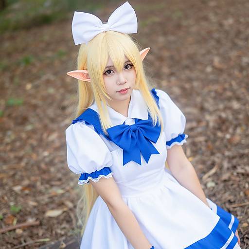 Photograph of a blonde, elf-eared cosplayer with long hair, wearing a white and blue dress with a large bow, standing in a forest