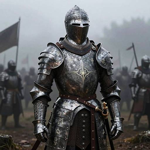 Photorealistic digital art of a medieval knight in silver, star-embossed armor, standing in a foggy battlefield with other armored soldiers.