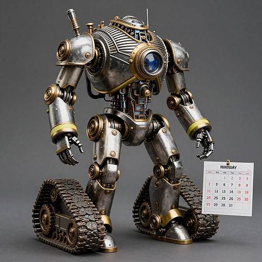 Photograph of a metallic, industrial-style robot with gold accents, blue eye, and caterpillar tracks, standing on a gray background with a small 