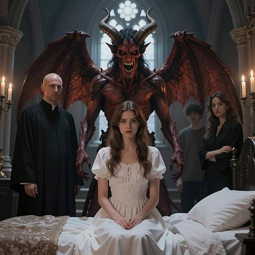 Demon Behind Woman in Gothic Church