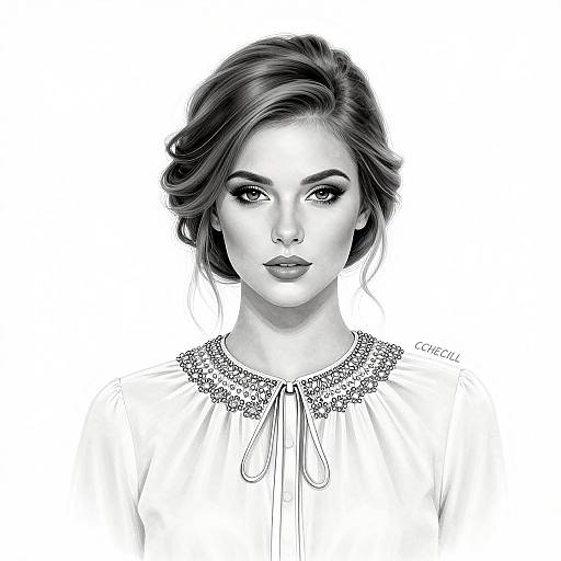 Black-and-white digital portrait of a woman with wavy hair, wearing a white blouse with intricate lace collar, looking directly at the viewer. Art by