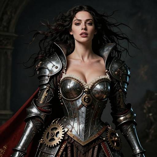 Photorealistic digital artwork of a fierce, dark-haired woman in detailed, metallic armor with gears, revealing cleavage, and a red cape, standing