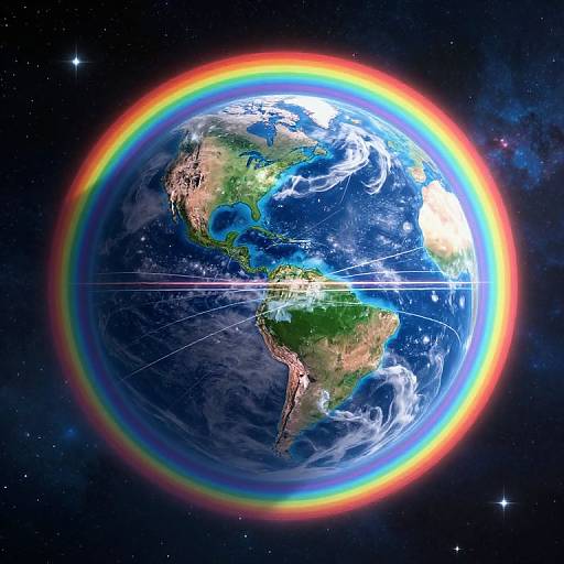 Digital art of Earth with a vibrant rainbow halo, showing continents, blue oceans, white clouds, and starry space background.