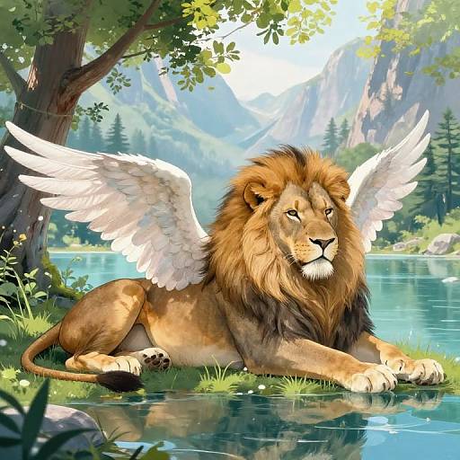 Serene Winged Lion by Mountain Lake