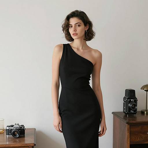 Elegant Woman in One-Shoulder Black Dress