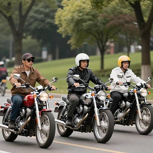Three Men Riding Motorcycles in Park