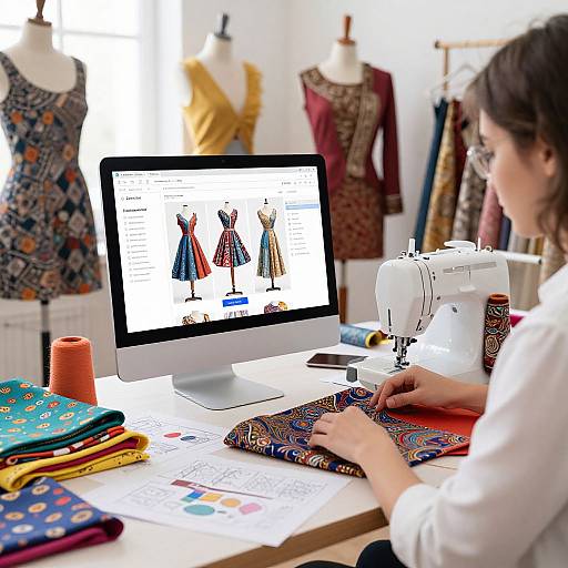 Photograph of a female sewer in white shirt, sewing colorful fabric on a white machine, with a computer displaying dress designs, surrounded by fabric swatches