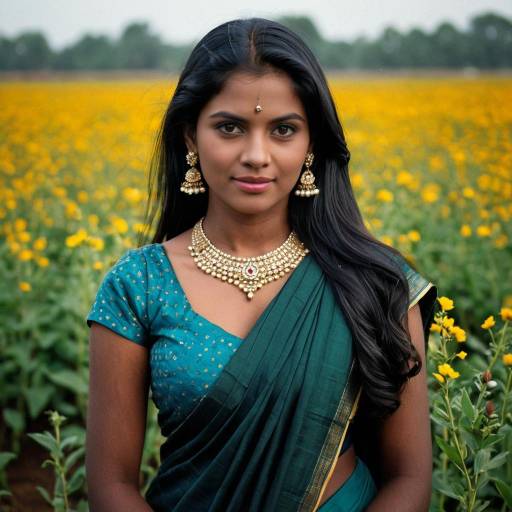 Dark-Skinned Woman in Pattu Saree with Jewelry in Flower Field