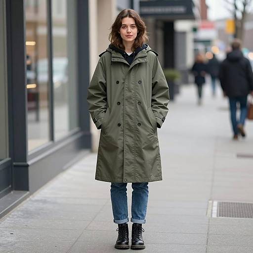 Young Woman in Olive Green Trench Coat on City Sidewalk