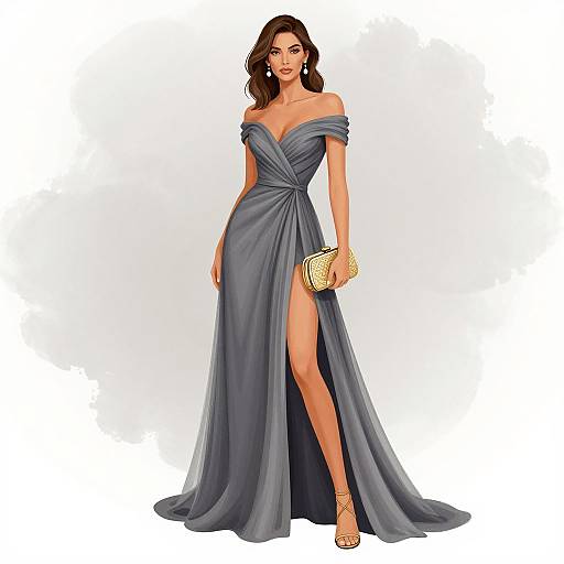 Photograph of a brunette woman in an off-shoulder, gray, floor-length gown with a high slit, holding a gold clutch, standing against