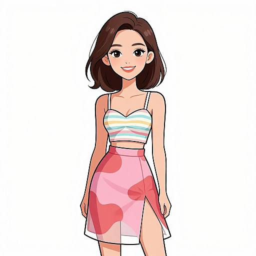 Digital anime-style drawing of a smiling woman with short brown hair, wearing a white strapless crop top with blue stripes and a pink skirt with red heart
