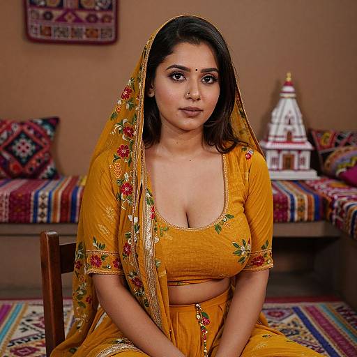 Photograph of a South Asian woman with medium skin tone, dark hair, and brown eyes, wearing an orange floral saree and blouse, sitting in