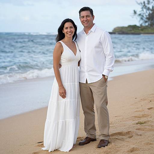 Photograph of a smiling couple standing on a sandy beach; woman in a white, sleeveless, V-neck dress, man in white shirt and beige