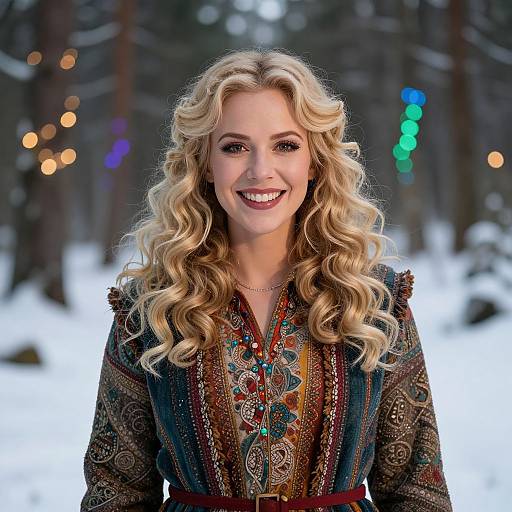 Photograph of a smiling blonde woman with curly hair, wearing an ornate, patterned dress, standing in a snowy forest with colorful bokeh lights