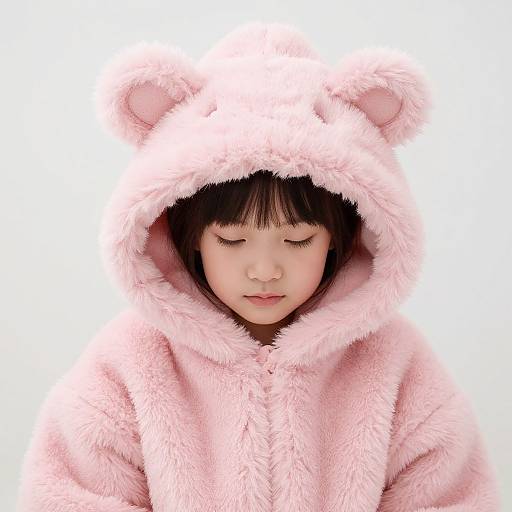 Photograph of an Asian girl with closed eyes, wearing a fluffy pink bear hooded coat, against a white background.