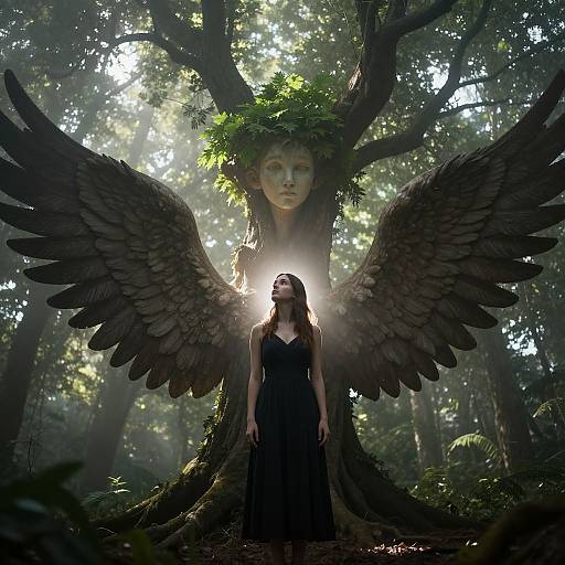 Photograph of a woman with dark wings standing before a tree with a face carved in the trunk, sunbeam behind her. Forest background, ethereal