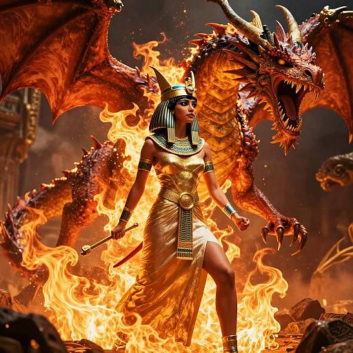 Digital artwork of an Egyptian goddess with dark skin, wearing a gold dress and headdress, standing confidently with a fiery dragon behind her. Flames engulf the