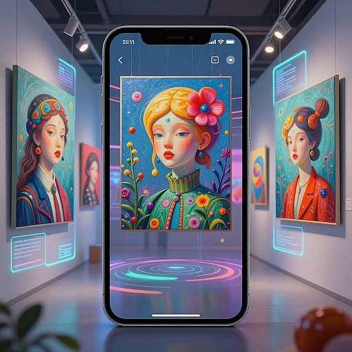 Digital artwork of a glowing smartphone displaying a colorful, flower-adorned portrait, surrounded by neon-lit gallery walls with similar portraits.