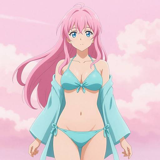Digital anime-style drawing of a pink-haired, blue-eyed woman with large breasts, wearing a light blue bikini and open robe, against a pink and white