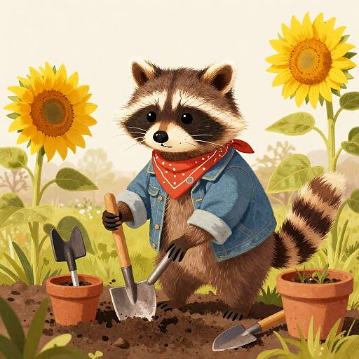 Rustic Raccoon Gardening Illustration