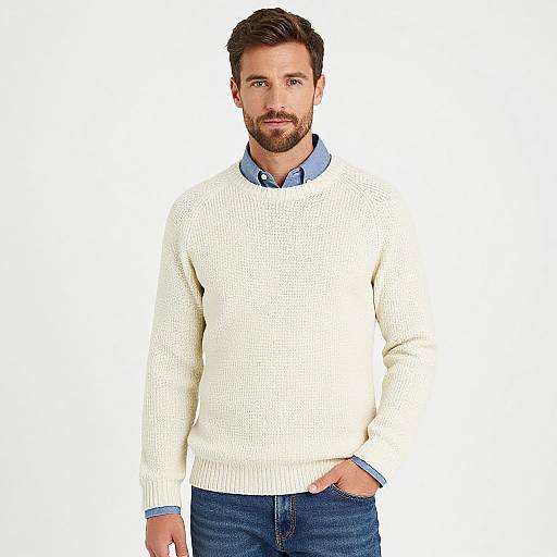 Photograph of a handsome, bearded man with short brown hair, wearing a white knit sweater over a blue collared shirt, and blue jeans,