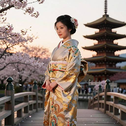 Elegant Asian Woman on Sunset Bridge