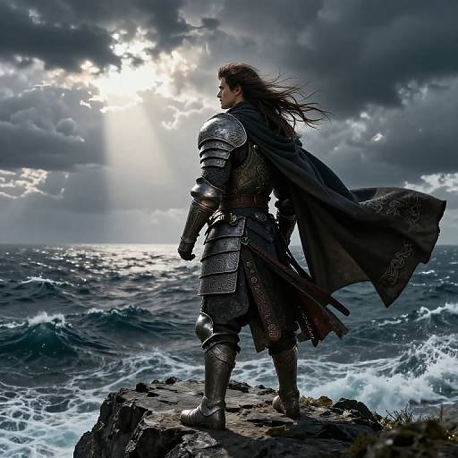 Digital artwork: Brooding knight with flowing brown hair, silver armor, and dark cape stands on rocky shore, gazing at stormy ocean under dramatic