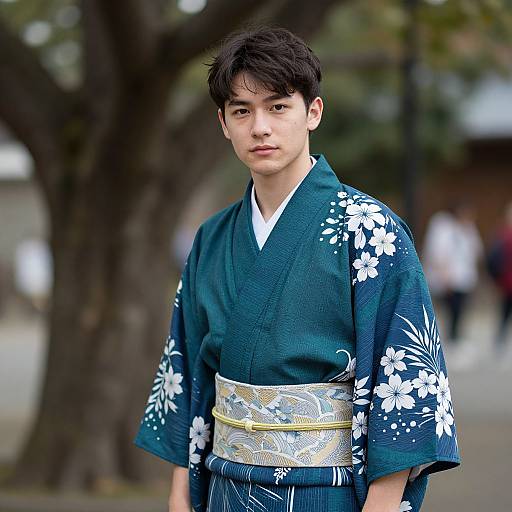 Photograph of a young Asian man with short black hair, wearing a dark green floral kimono with white and yellow obi, standing outdoors in front