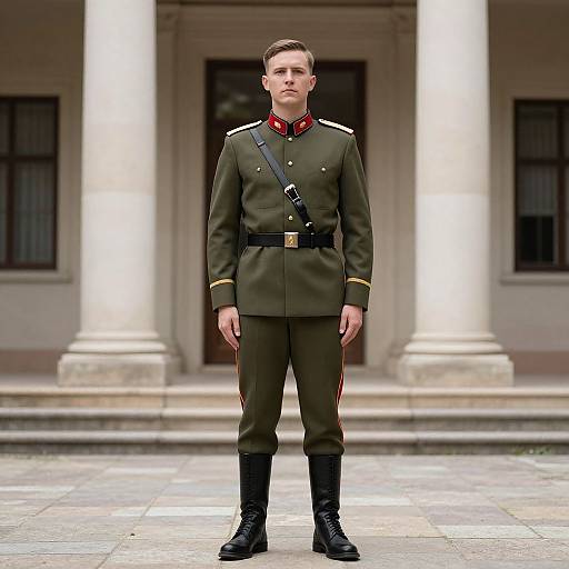 Military Colonel Standing by Building