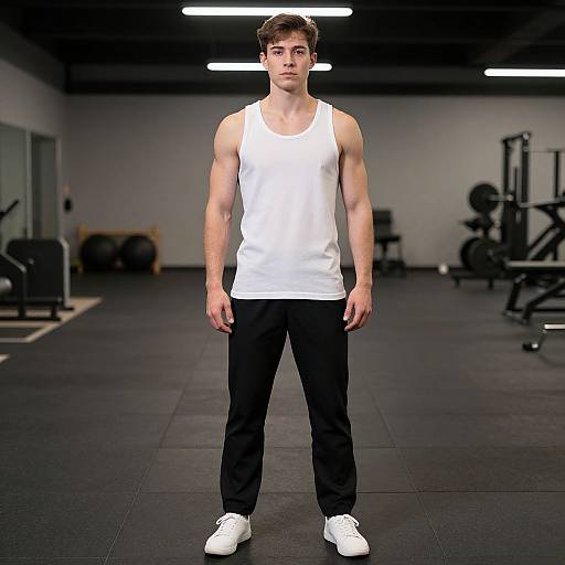 Photograph of a muscular young man with short brown hair, wearing a white tank top, black pants, and white sneakers, standing in a dimly
